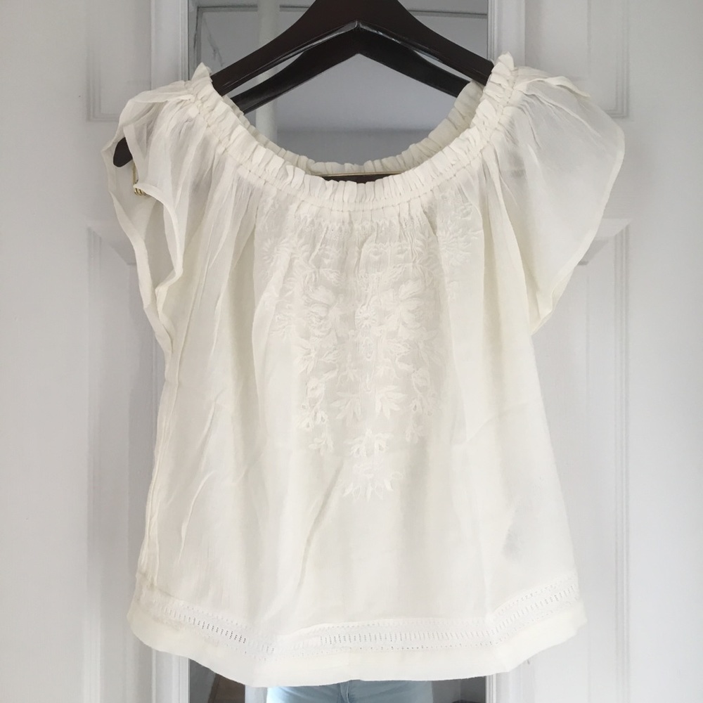 White Hollister Embroidery off the shoulder Top